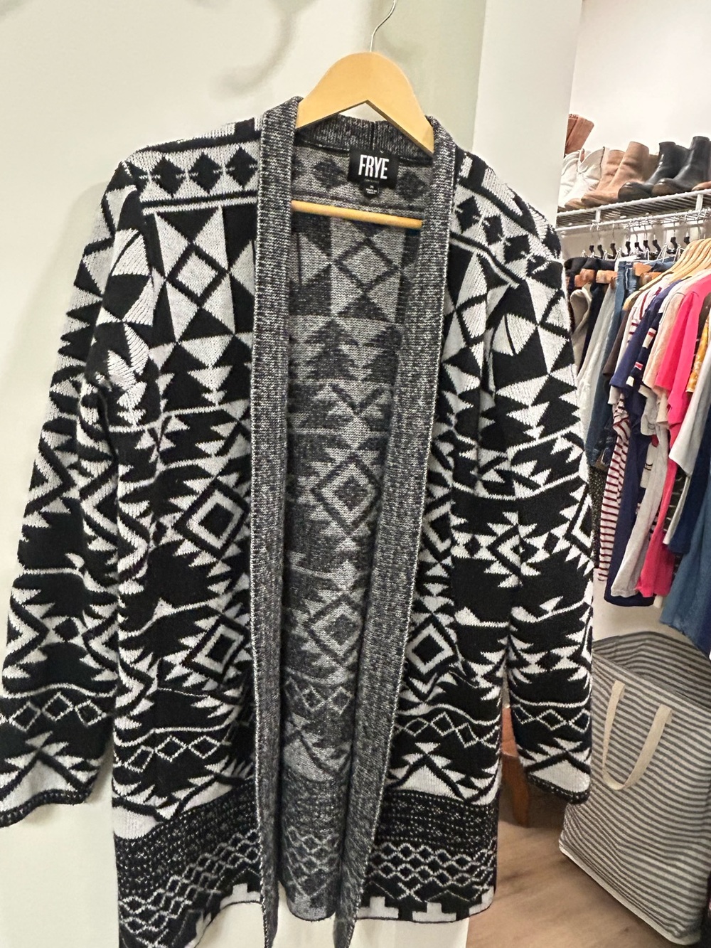 Frye Black & White Geometric Open Cardigan